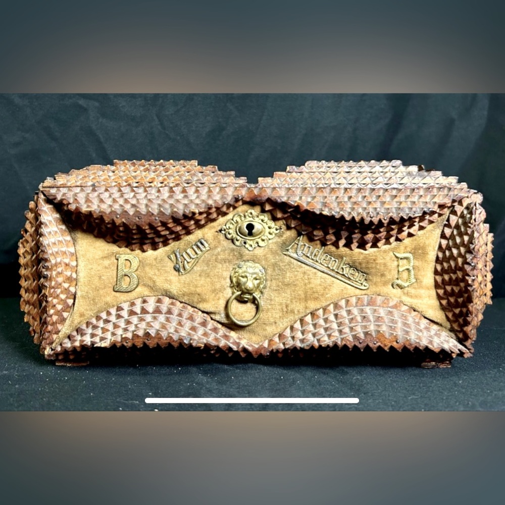 Antique Tramp Art Carved Wood Jewelry Box, Handmade Zum Andenken Germany, 1904.